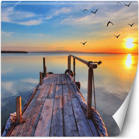 Papier peint photo, Coucher de soleil sur le lac et oiseaux en vol - 100x100 (1/5)