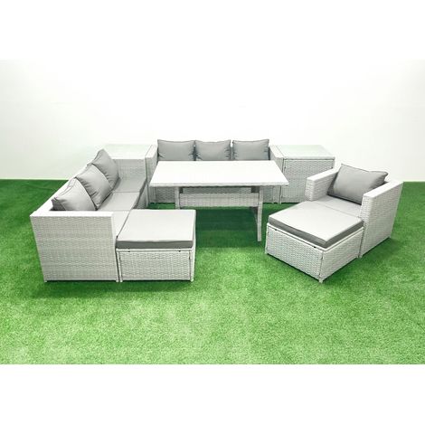 Fimous 9 Stücke Rattan Garten Sofa Set mit Kissen Terrassen Gartenmöbel Sets mit Sessel Esstisch 2 Beistelltischen 2 Großer Hockern (1/5)