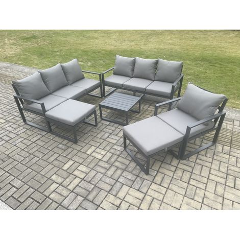 Fimous Aluminium Outdoor Lounge Sofa Set Garden Furniture Sets with Square Coffee Table Chair 2 Big Footstools Dark Grey (1/5)