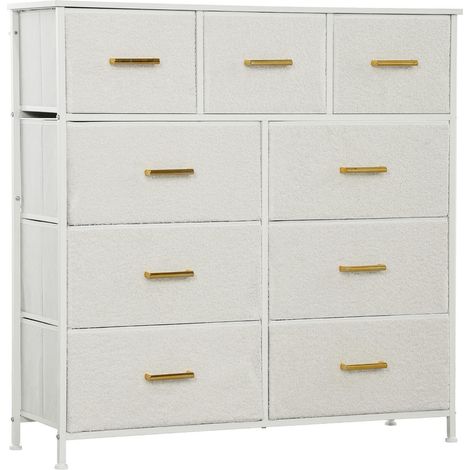 Commode 9 Tiroirs AoSenYunZhou Meuble de Rangement en Tissu Sherpa et Acier Poignées Dorées Blanc pour Chambre Salon (1/5)