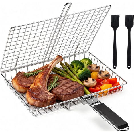 BBQ Fish Grilling Basket, Stainless Steel BBQ Grill Basket, Folding Portable Grill Basket with Removable Handle for Grilling Fishes, Vegetables, Shrimp with Basting Brush and Storage Bag (1/5)