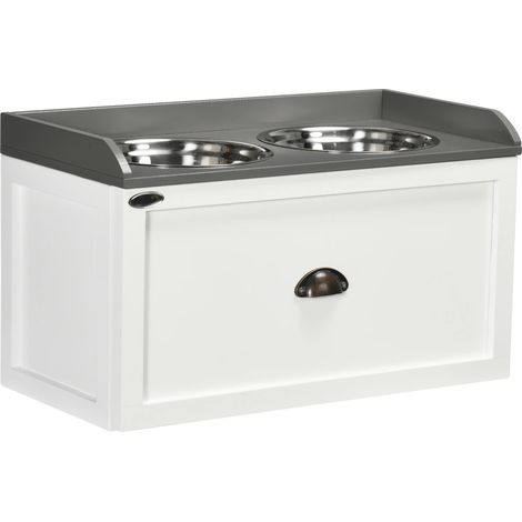 Distributeur surélevé pour chien, deux bols en acier inoxydable, design en MDF durable, Blanc, 60x30x36 cm (1/2)
