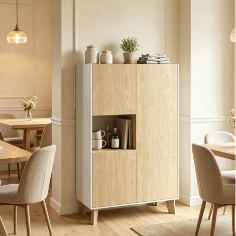 Aparador 80 x 40 x 135 cm en MDF y tableros de partículas blanco y madera clara DESVIAE (1/5)