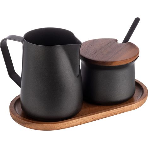 APS 634 Set latte e zucchero, 5 pezzi Set, legno di acacia, acciaio inossidabile, rivestimento antiaderente, nero (1/5)