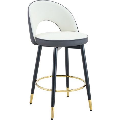 Tabouret de bar pivotant 360° avec coussins gris foncé et blanc en PU, pieds métalliques dorés (1/5)