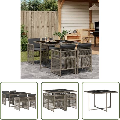vidaXL 5-tlg. Garten-Essgruppe mit Kissen Grau Poly Rattan (1/5)