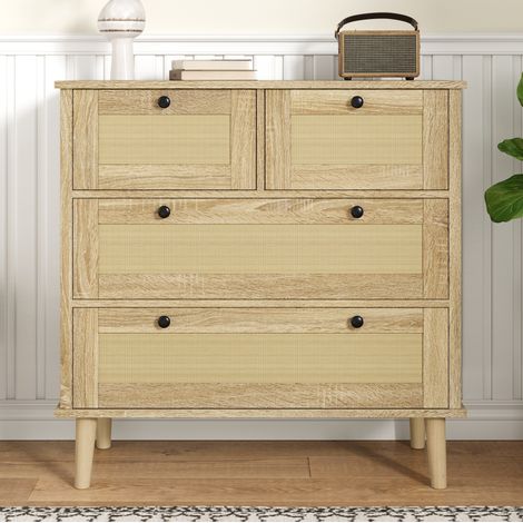 Cassettiera 80x40x80 4 Cassetti in Rattan, Piedi in Legno Massello – Mobile Contenitore Elegante e Naturale (1/5)