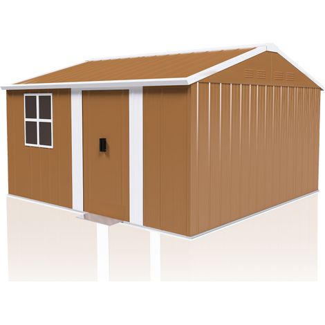 Abri de jardin en métal marron 360 x 298 cm avec double porte coulissante et fenêtres -PANGIVO (1/5)