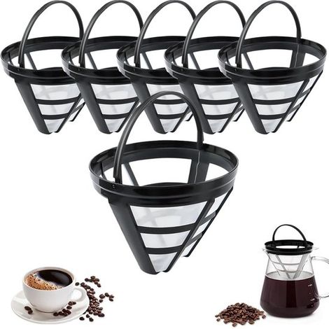 Set di 6 cestelli filtro per caffè in rete di nylon nera, riutilizzabili e lavabili, dimensioni 11,5 x 9 x 5,5 cm. (1/5)