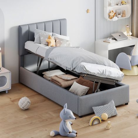 Letto singolo bambino 90x200 cm con contenitore idraulico, grigio, in legno, senza materasso (1/5)