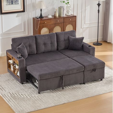 Sofá cama (196x82x85 cm), con almacenamiento, USB-C, iluminación LED ambiental, portavasos, tejido de pana gris oscuro (1/5)