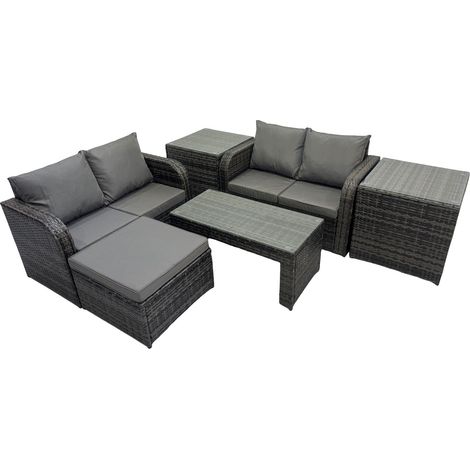 Fimous 3 Seater Sofa Reclining Chair Coffee Table Set Rattan Garden Outdoor Furniture Set with 2 Side Tables Big Stool Dark Grey Mixed (1/5)