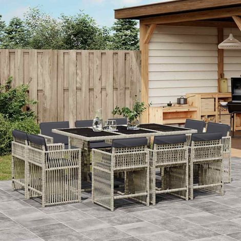 Ensemble repas de jardin 11 pièces en poly rotin gris clair avec coussins anthracite, 102.9kg - PANGIVO (1/5)