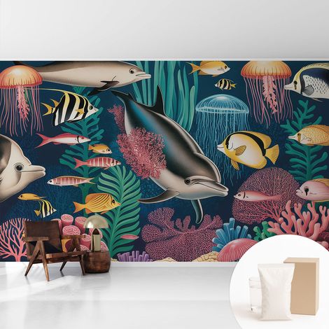 Papier peint intissé pour salon chambre à coucher peint imprimé Installation facile - Colle incluse gratuite Faune sous-marine 416x254 cm (1/5)