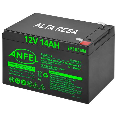 batteria piombo 12v 14ah ermetica (VRLA), adatta per UPS Gruppi di Continuita', Videosorveglianza, Sistemi di allarme, mobilita' elettrica, giocattoli, attacco faston F2 6,3mm