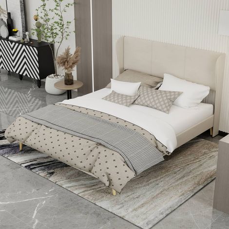 Lit 160 x 200 cm tissu beige tête capitonnée structure basse sans rangement ni matelas (1/5)