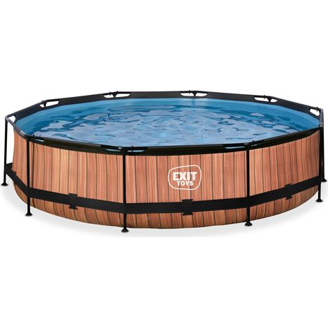 Exit Toys – Piscine hors sol ronde 360x76cm – Finition imitation bois – Avec pompe filtrante – Stabilité renforcée cadre acier (1/7)
