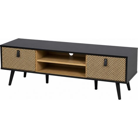 Meuble TV Chelsea avec Rangements et Poignées Effet Cuir - 120 x 40 x H40 cm - Effet Bois et Noir - Livraison gratuite (1/2)