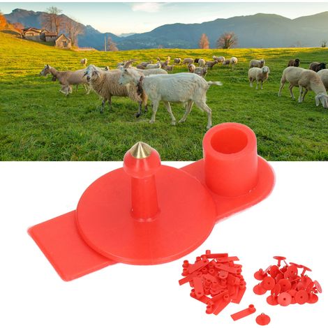 Etiquetas auriculares en blanco para ganado vacuno y ovino – 100 juegos rojos con material de sujeción – PP duradero, 5,3 x 1,8 cm (1/5)