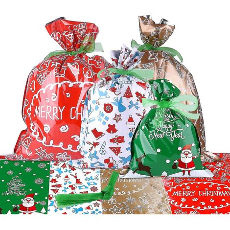 Sacs cadeaux de Noël, emballage cadeau, styles assortis, sacs avec rubans pour emballer les cadeaux de Noël (1/4)