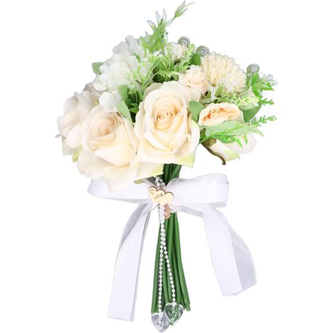 Bouquet de Mariée Artificiel Style Européen, Roses Simulées Blanc Ivoire pour Cérémonie (1/5)