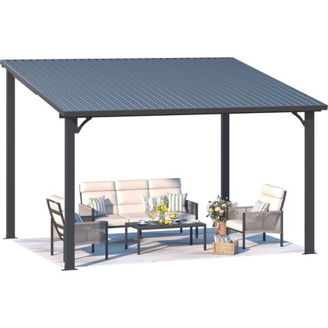 YODOLLA 3x3.65m Metal Lean-to Gazebo, Wall-Mounted Iron Hardtop Roof Pergola for Patio (1/5)