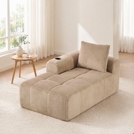 Sofá cama individual de pana, sin montaje, con cojín de respaldo y portavasos, beige claro (1/5)