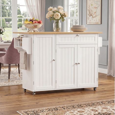 REDOM - Isola da cucina 120x45(70)x92 cm, piano ribaltabile, cassetto e armadietto, 3 vani porta, MDF naturale e bianco (1/5)