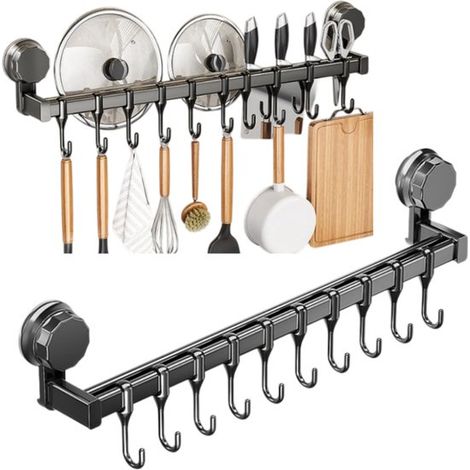 Support de rangement à ventouse double tige sans perçage gris, longueur 50 cm avec 10 crochets mobiles, charge 20 kg, adapté à la cuisine et salle de bain (1/5)