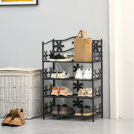 Étagère à chaussures 4 niveaux en métal noir, petite et peu encombrante, idéale aussi comme étagère à plantes ou de salle de bain – CHICFURN (1/5)