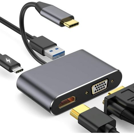 (noir) Adaptateur USB Type C vers HDMI VGA 4K, 4-en-1 USB-C vers HDMI 4K à 30 Hz, VGA 1080P à 60 Hz, port USB 3.0 à 5 Gb/s, charge USB C PD 87 W (1/5)