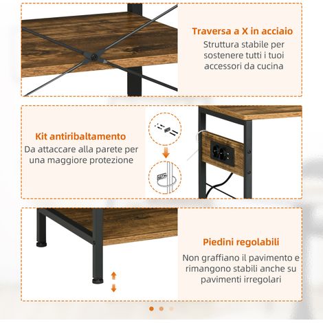 Étagère roulante de cuisine 3 étagères en aggloméré, avec prise secteur, port USB et panier de rangement, 90x40x83 cm (1/5)