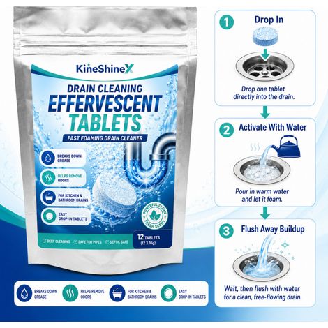 KineShineX Drain Cleaning Tablets: Powerful degreasing and odor removal for kitchen and bathroom drains. (1/5)