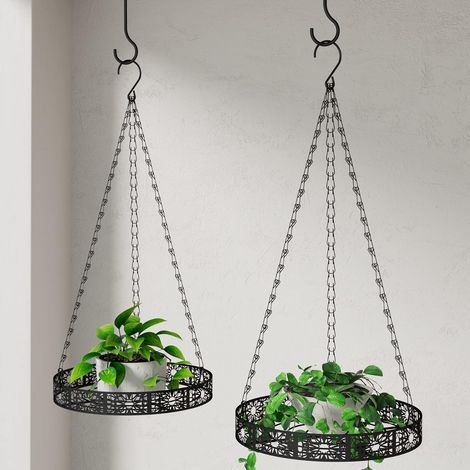Lot de 2 pots de fleurs suspendus en métal avec crochet de plafond et chaîne de suspension pour l'intérieur et l'extérieur (1/5)