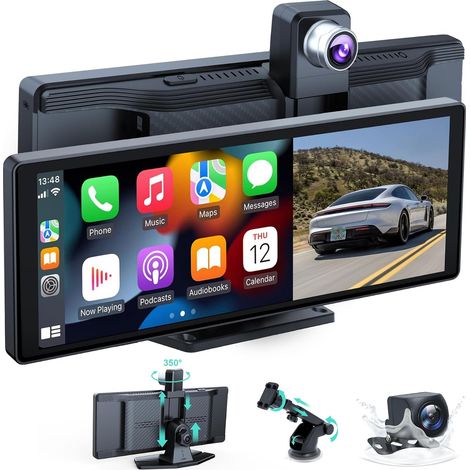 Radio inalámbrica para coche, sistema de audio portátil para coche de 10,26 pulgadas, pantalla CarPlay con doble cámara frontal 4K + cámara trasera 1080P, reproducción inalámbrica para coche con Mirro (1/5)