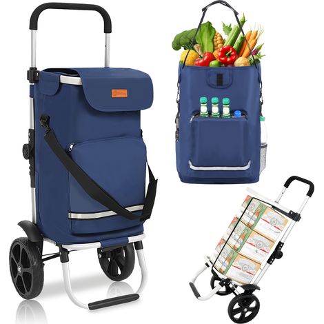Sekey Chariot de courses 3-en-1 pliable en aluminium – sac imperméable avec compartiment isotherme – 2 roues – 42 L – charge max. 35 kg – bleu (1/5)