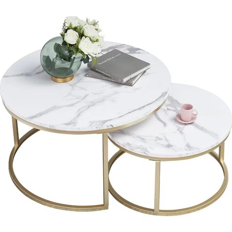 Wokaka Table Basse Ronde Table Gigogne 2 Pièces Table d'Appoint, Bois Marbré et Pieds en Métal
