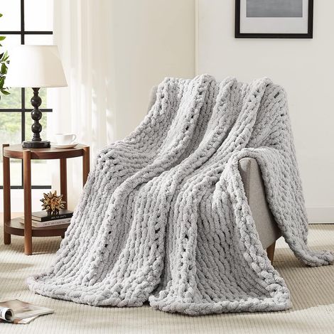 Couverture tricotée épaisse grise (130 x 160 cm) - En fil chenille doux - Couverture tricotée à la main - Couverture douillette au crochet pour canapé, lit et décoration d'intérieur (1/5)