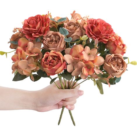 2pcs Bouquet Faux Roses Soie Créatif Artificiel Décoration Intérieure Centre De Table Salon Couleurs Automne-KZQ (1/3)