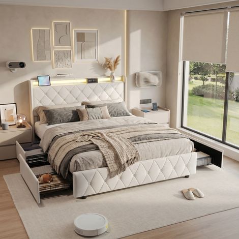 BLANKETSWARM - Lit double rembourré 140 x 200 cm, cadre de lit avec 4 tiroirs, lit coffre avec LED et USB lit double avec rangement lit double capitonné lit 2 personnes, Beige (1/5)