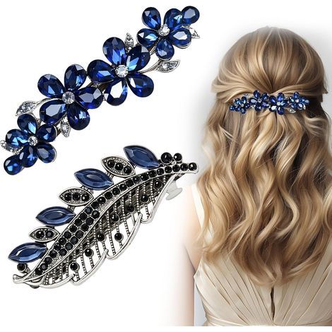 Set di 2 fermagli per capelli blu da donna, decorati con strass e cristalli di alta qualità, che garantiscono una tenuta sicura per varie acconciature. Accessori moda per donne con capelli fini o (1/5)