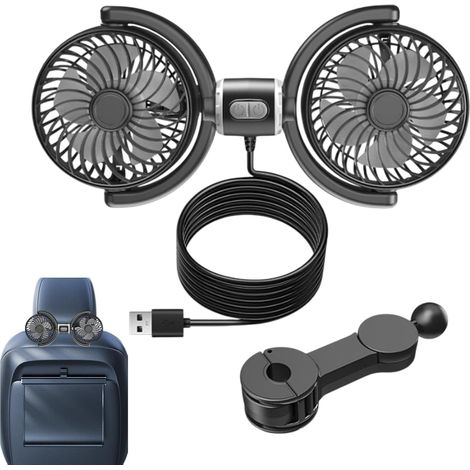 Noir,Ventilateurs de siège auto pour bébé,ventilateur USB portable à double tête,circulation d'air électrique puissante,ventilateurs d'appui tête arrière de véhicule rotatifs à 360 degrés de 12,2 x 5, (1/5)