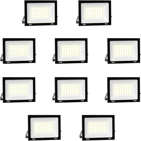 10pcs 50W 5000LM Projecteur LED Extérieur 6000K Blanc Froid Spot LED Extérieur IP65 Etanche Projecteur LED pour Terrasse Jardin Parc Garage Cour Entrée