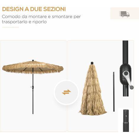 Ombrellone rotondo per terrazza, con manovella e copertura in paglia, diametro 265x250 cm, teinte kaki. (1/5)