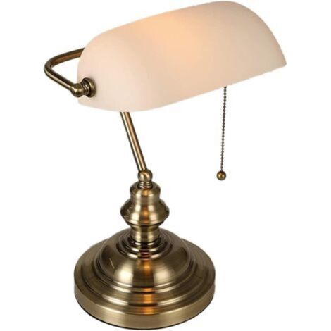 Matt white glass banker’s desk lamp with pull-chain switch and plug-in light fitting (1/5)