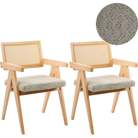 Conjunto de 2 sillas de comedor retro estructura de madera de caucho asiento de bouclé comedor cocina marrón claro y gris pardo Ava