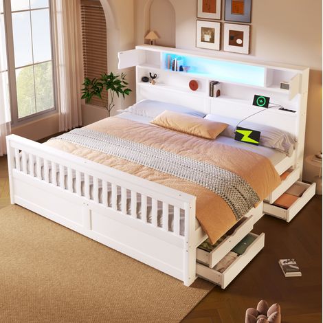 Letto adulti 180x200 cm con testiera, vano portaoggetti, LED e 4 cassetti in MDF, bianco, senza materasso (1/5)