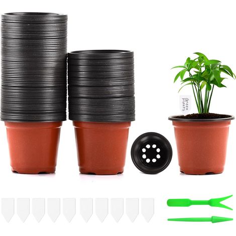 100 Stück Kunststoff-Pflanztöpfe, 10 cm Kunststoff-Pflanztöpfe + Pflanzenanhänger, kleine Töpfe für Setzlinge, Miniatur-Pflanztöpfe für die Bepflanzung im Innen- und Außenbereich (1/5)