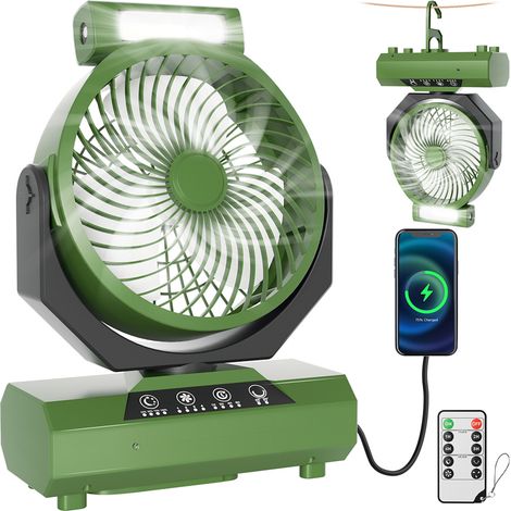 Wolketon Ventilateur De Camping Usb 20000 Mah Avec Lumière Led,Ventilateur De Bureau/Tente Rechargeable Portable Avec Télécommande Et Croch,Vert