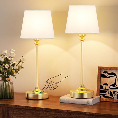 2 Pièces Lampe de Chevet Tactile, LED Lampe de Table Sans Fil Batterie Rechargeable, Variateur Continu, Abat-jour en Lin Blanc, pour Chambre à Coucher Salon Cuisine Décoration(Laiton) (1/5)